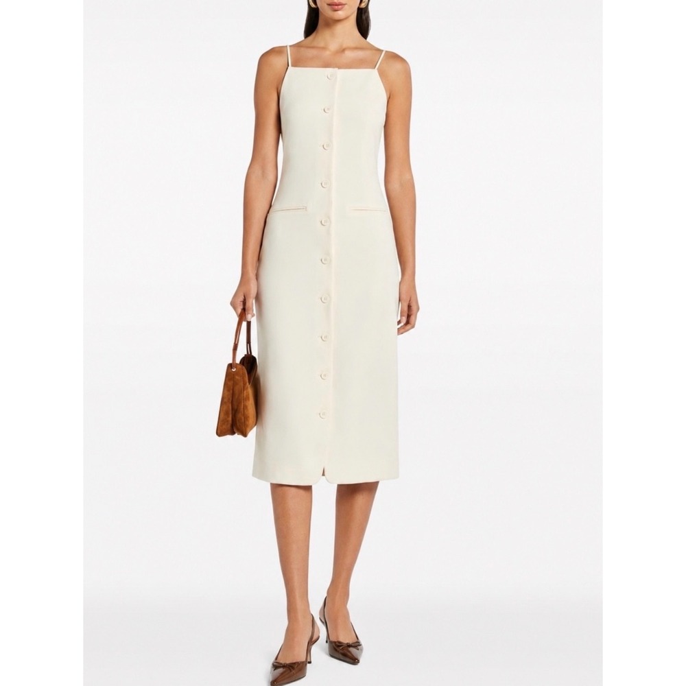 Staud Una Tailored Midi Dress Button Womens L Cream Minimalist Quiet Luxury
